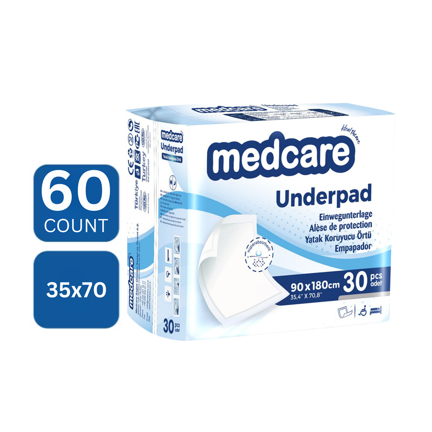 Medcare large adult incontinence underpads 60 count highly absorbent waterproof backing DICAMEDCARE