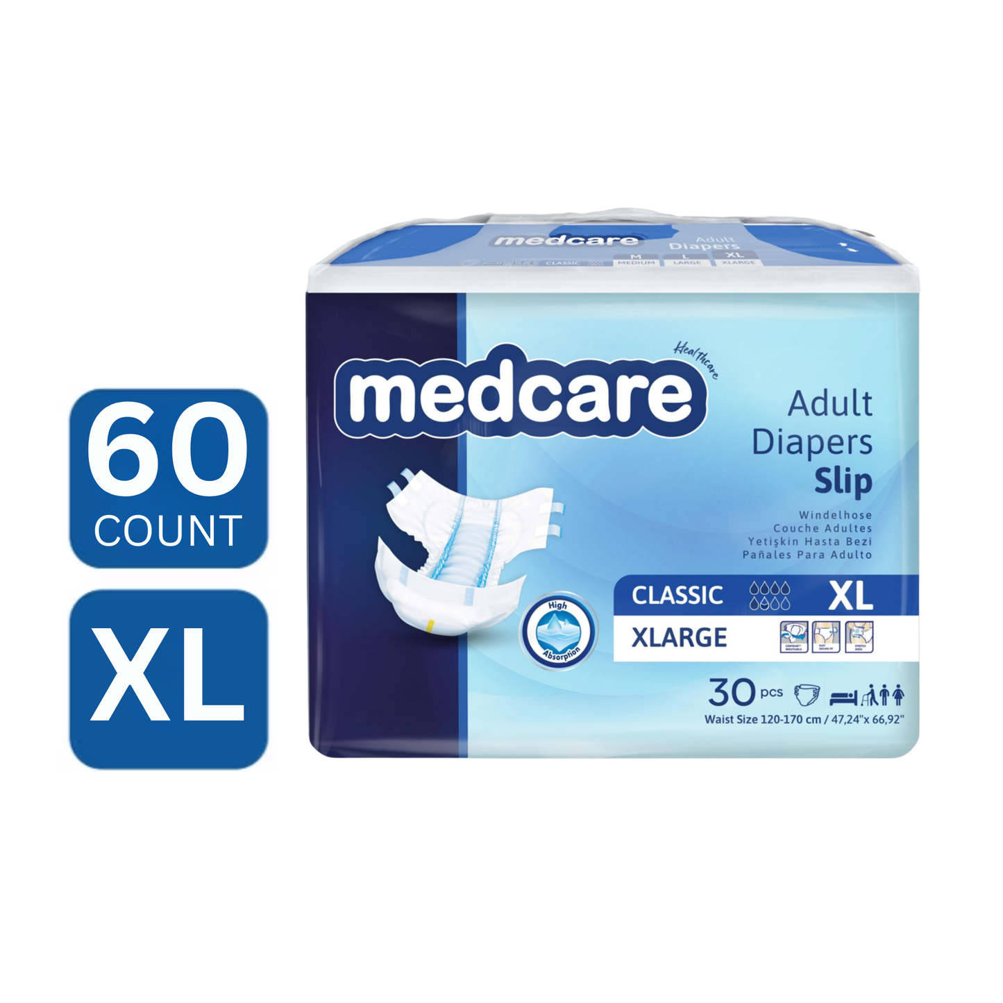 Medcare XL size unisex adult incontinence diapers high absorbency 60 count DICAMEDCARE