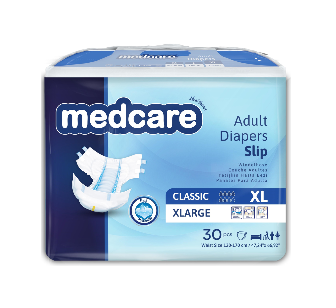 Medcare adult incontinence diapers, size XL, unisex, high absorbency, waterproof, 30 count - DICAMEDCARE