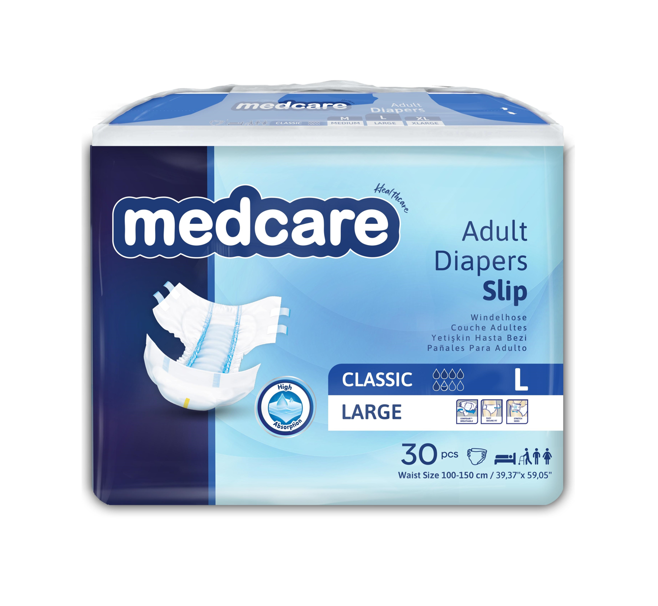 Medcare adult incontinence diapers, size L, unisex, high absorbency, waterproof, 30 count - DICAMEDCARE