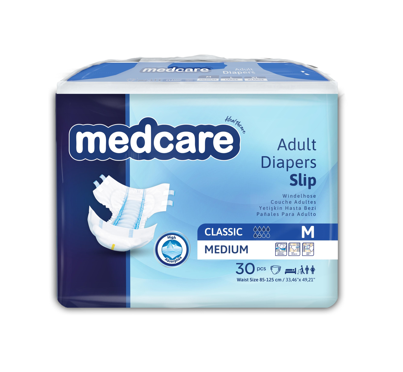 Medcare M size unisex adult incontinence diapers, high absorbency, 30 count - Dicamedcare