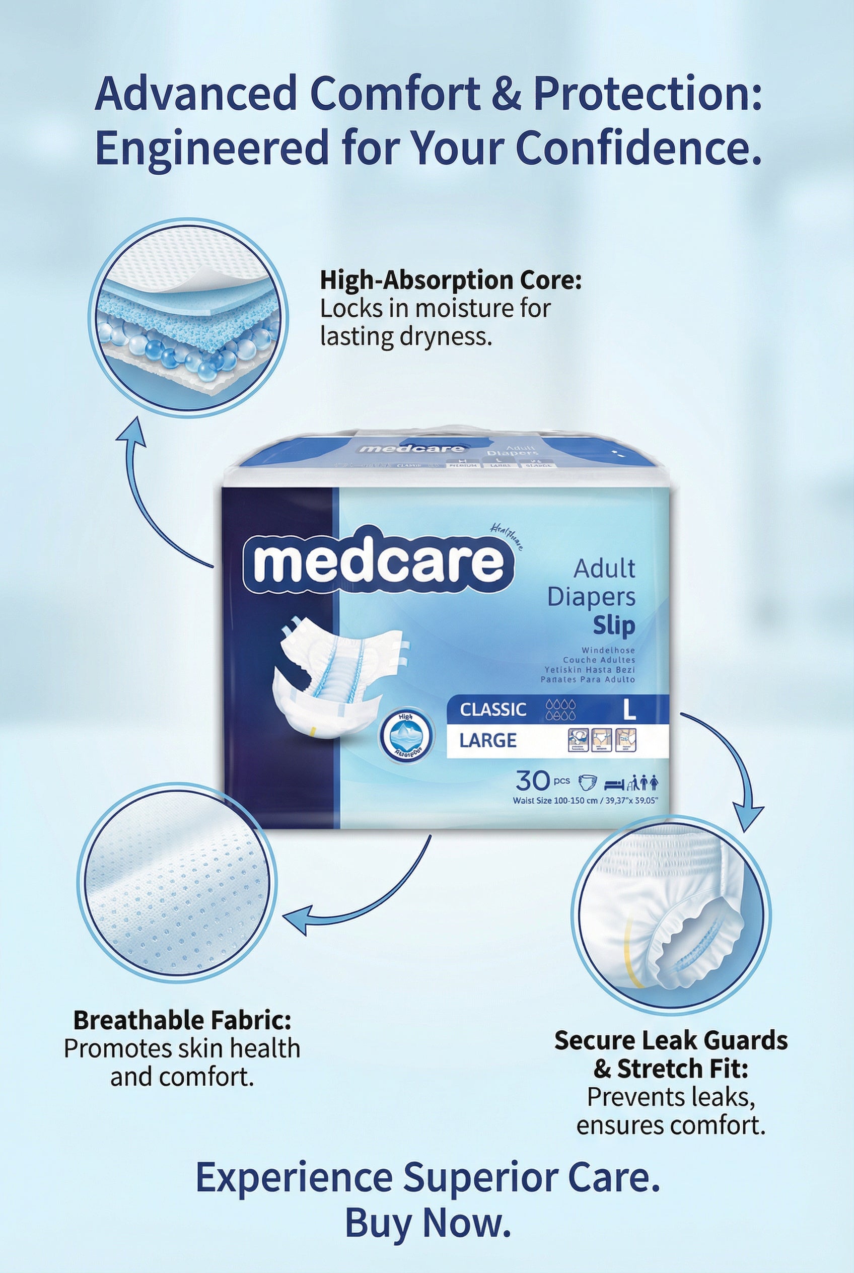 Medcare advanced comfort and protection adult diapers, engineered for confidence - DICAMEDCARE
