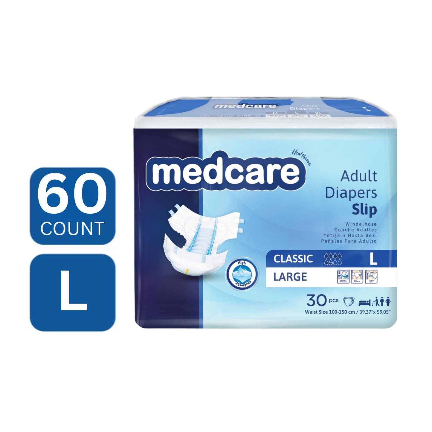 Medcare L size unisex adult incontinence diapers high absorbency 60 count DICAMEDCARE