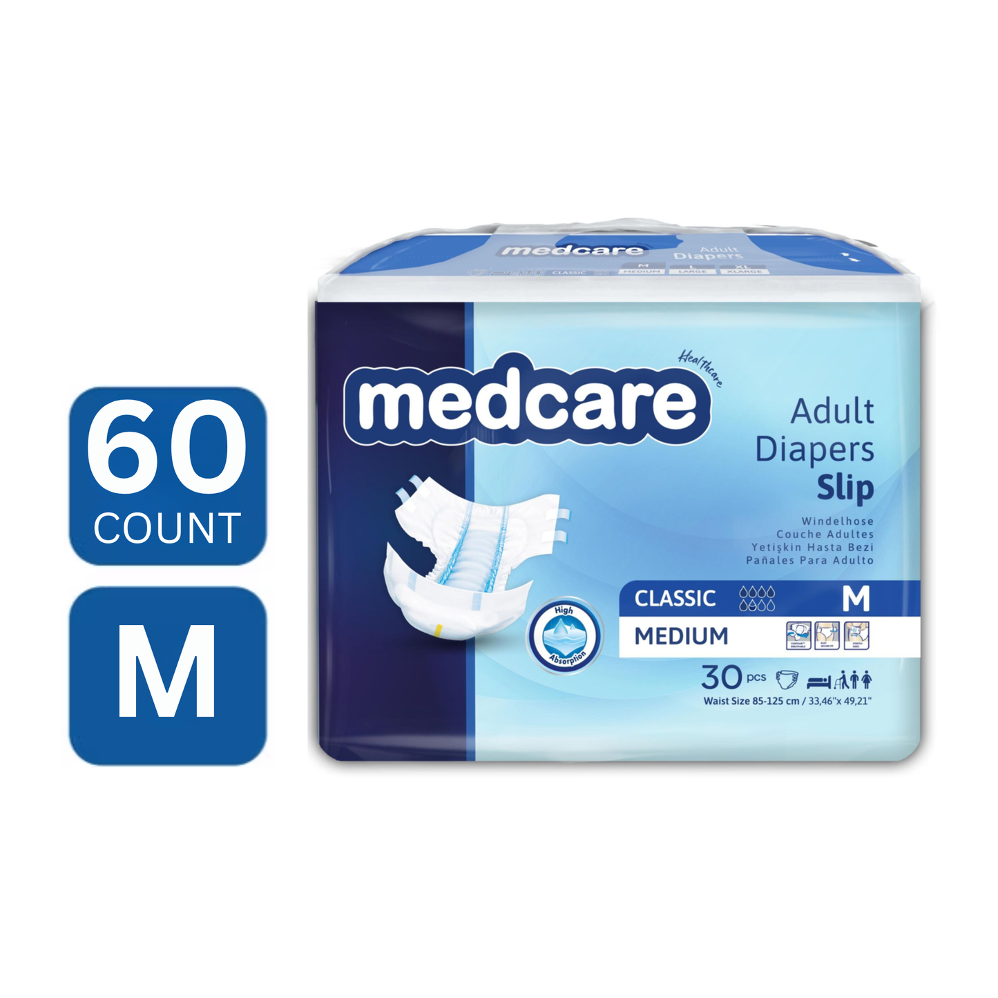 Medcare M size unisex adult incontinence diapers high absorbency 60 count DICAMEDCARE