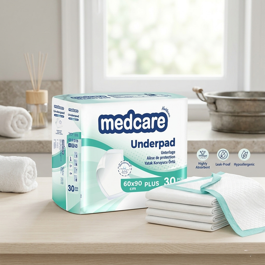 MEDCARE PLUS adult incontinence underpads product display next to 30 count packaging DICAMEDCARE