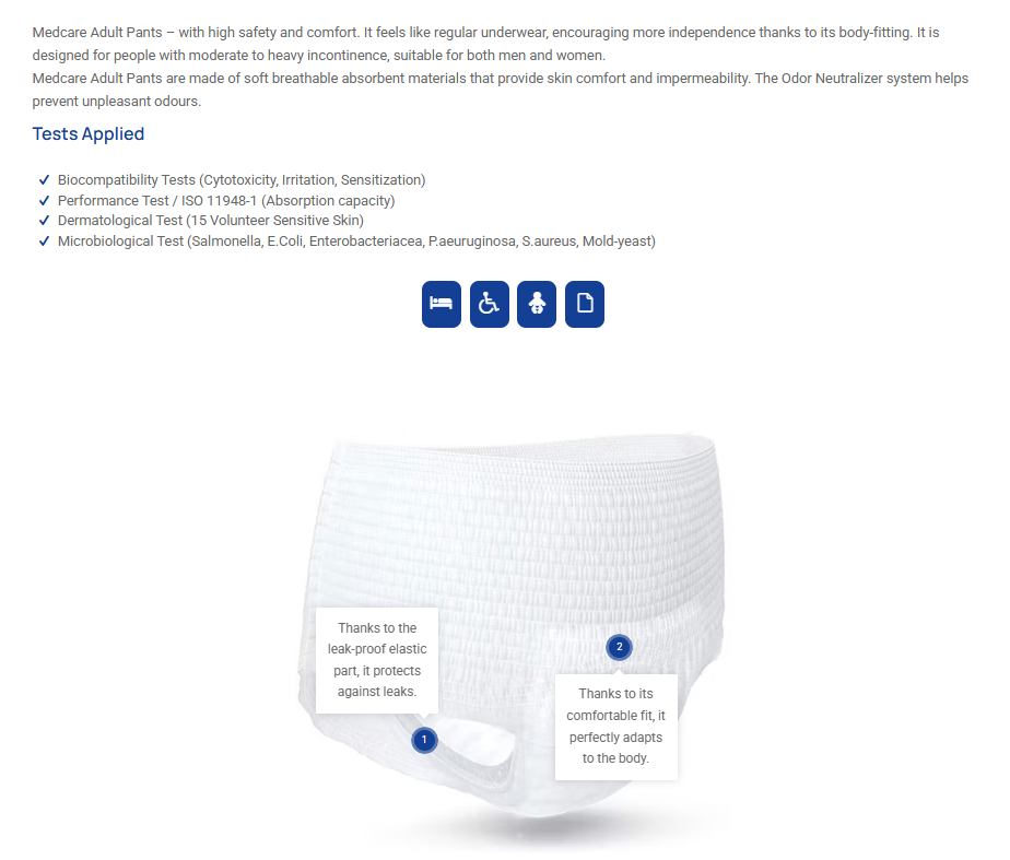 Medcare adult incontinence product performance dermatology and microbiological testing results DICAMEDCARE