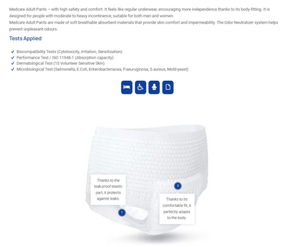 Medcare adult incontinence product performance dermatology and microbiological testing results DICAMEDCARE