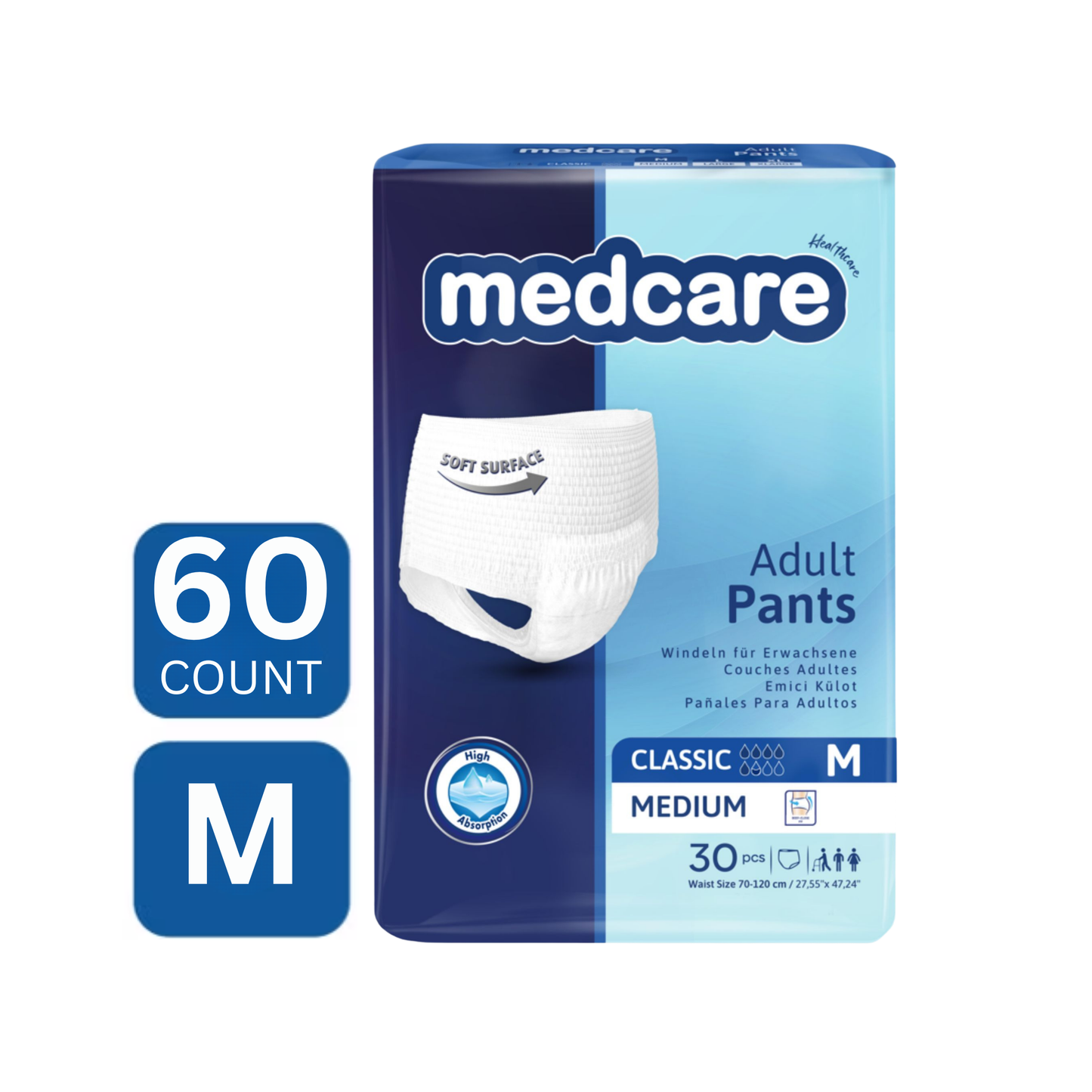 Medcare pull up style adult incontinence underwear size M unisex high absorbency 60 count DICAMEDCARE