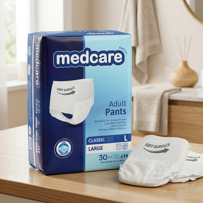 Medcare pull up style adult incontinence underwear product display with 30 count packaging DICAMEDCARE
