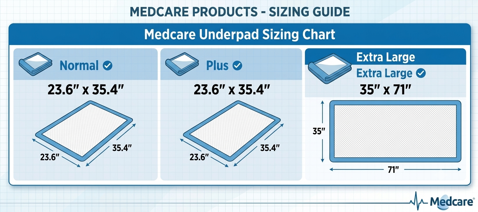 Medcare Underpad Sizing Chart with dimensions for Normal, Plus, and Extra Large sizes.